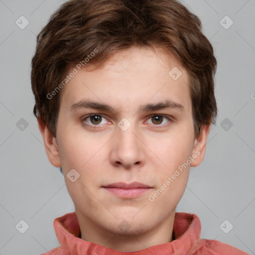 Neutral white young-adult male with short  brown hair and brown eyes