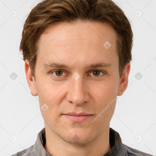 Joyful white adult male with short  brown hair and grey eyes