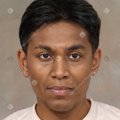Joyful black young-adult male with short  brown hair and brown eyes