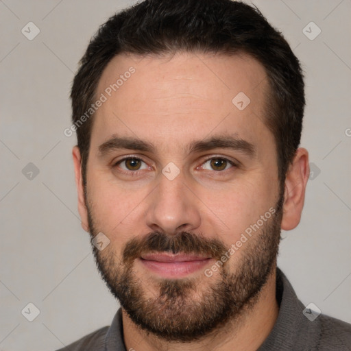 Neutral white young-adult male with short  brown hair and brown eyes