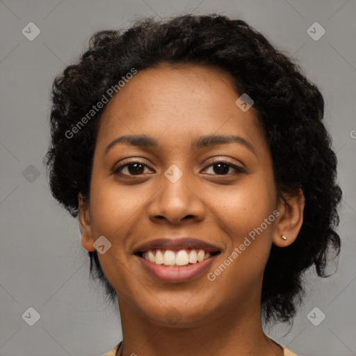 Joyful latino young-adult female with medium  black hair and brown eyes