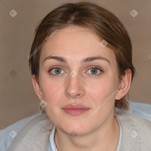 Neutral white young-adult female with medium  brown hair and blue eyes