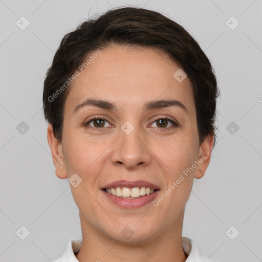 Joyful white young-adult female with short  brown hair and brown eyes