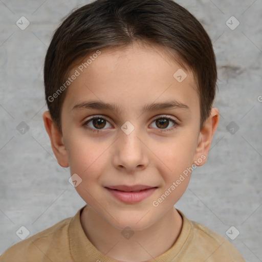 Joyful white child female with short  brown hair and brown eyes