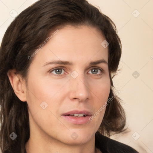 Neutral white young-adult female with medium  brown hair and brown eyes