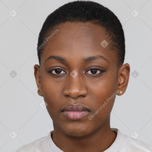 Neutral black young-adult female with short  black hair and brown eyes