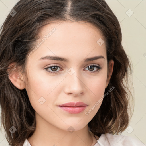 Neutral white young-adult female with medium  brown hair and brown eyes