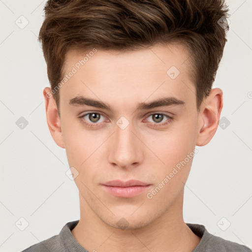 Neutral white young-adult male with short  brown hair and brown eyes