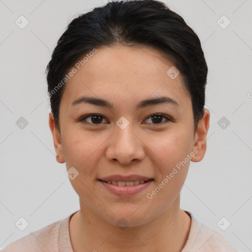 Joyful asian young-adult female with short  brown hair and brown eyes