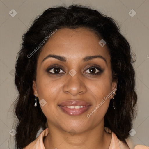 Joyful black young-adult female with medium  brown hair and brown eyes