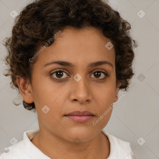 Neutral white young-adult female with short  brown hair and brown eyes