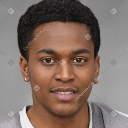 Joyful latino young-adult male with short  brown hair and brown eyes