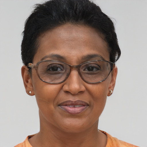 Joyful black adult female with short  brown hair and brown eyes