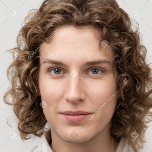 Joyful white young-adult female with medium  brown hair and green eyes