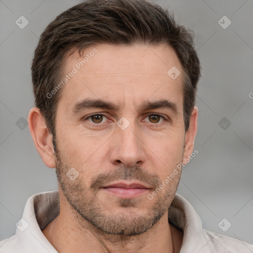 Neutral white adult male with short  brown hair and brown eyes