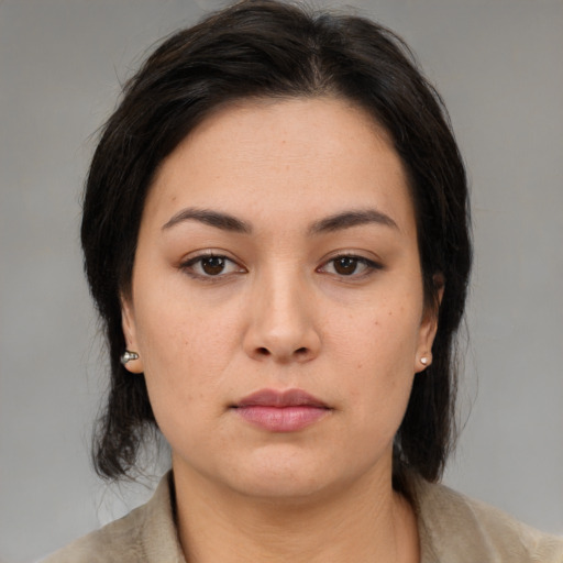 Neutral asian young-adult female with medium  brown hair and brown eyes