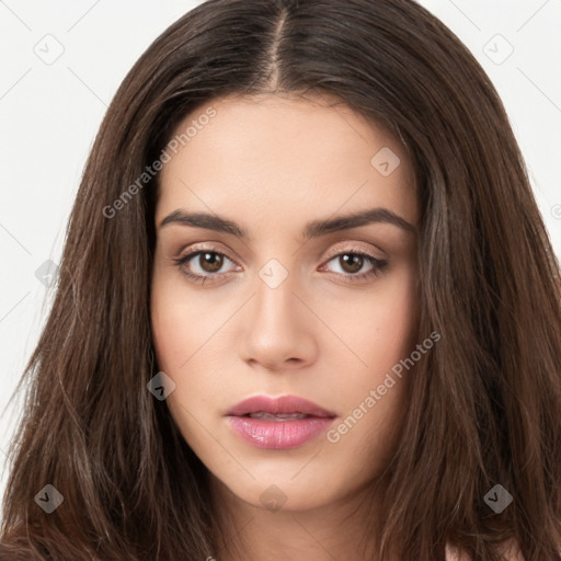 Neutral white young-adult female with long  brown hair and brown eyes