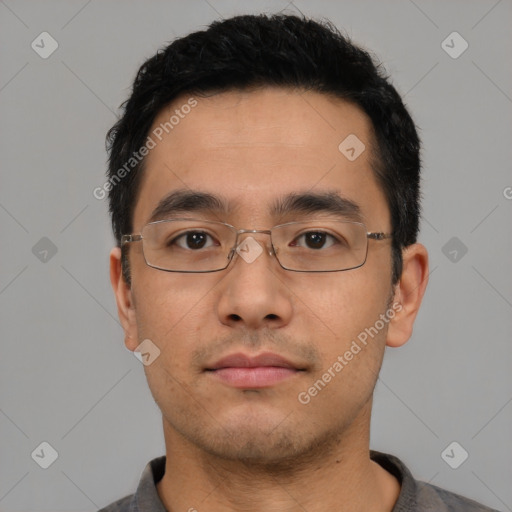 Neutral asian young-adult male with short  black hair and brown eyes