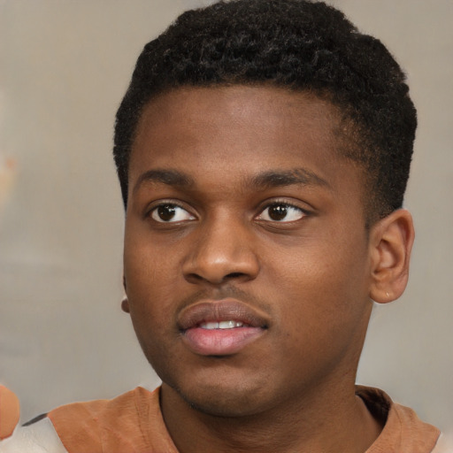 Joyful black young-adult male with short  brown hair and brown eyes