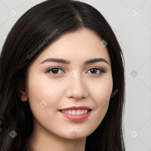 Joyful white young-adult female with long  brown hair and brown eyes