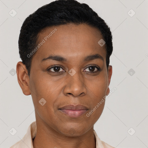 Neutral latino young-adult female with short  brown hair and brown eyes