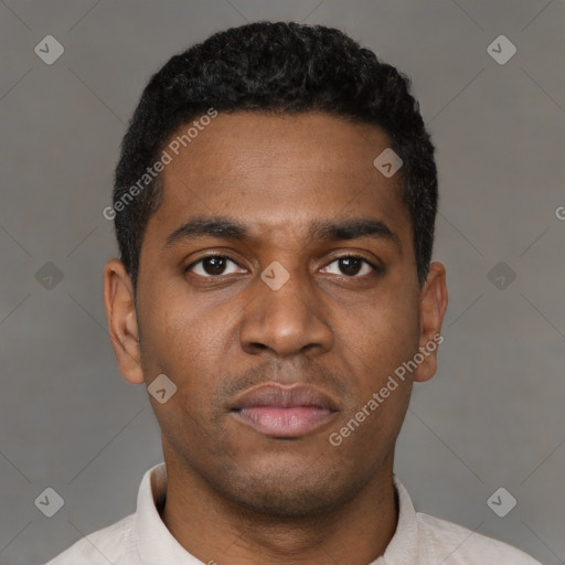 Neutral latino young-adult male with short  black hair and brown eyes