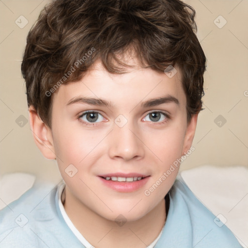 Joyful white child male with short  brown hair and brown eyes