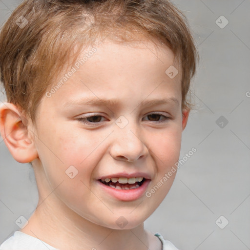 Joyful white child male with short  brown hair and brown eyes