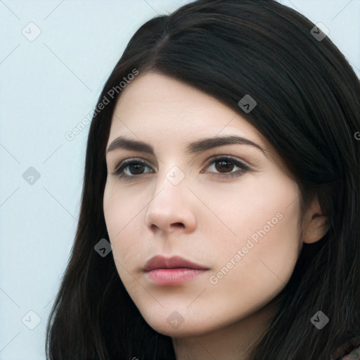 Neutral white young-adult female with long  black hair and brown eyes