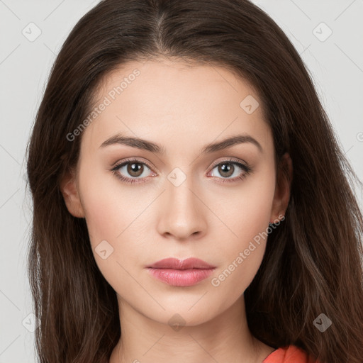 Neutral white young-adult female with long  brown hair and brown eyes