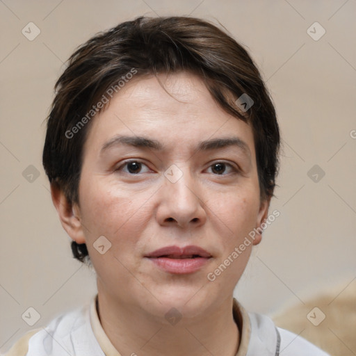 Neutral white young-adult female with short  brown hair and brown eyes