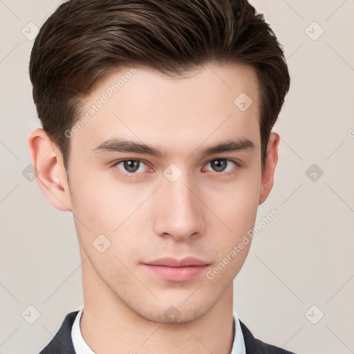 Neutral white young-adult male with short  brown hair and brown eyes