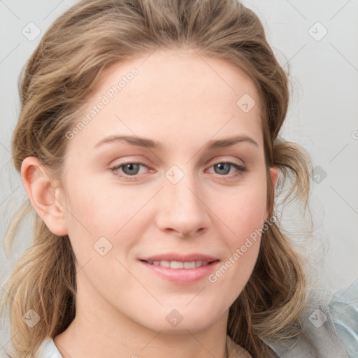 Joyful white young-adult female with medium  brown hair and blue eyes