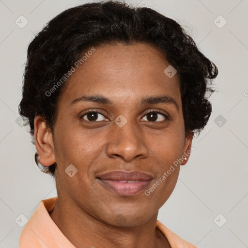 Joyful latino adult female with short  brown hair and brown eyes