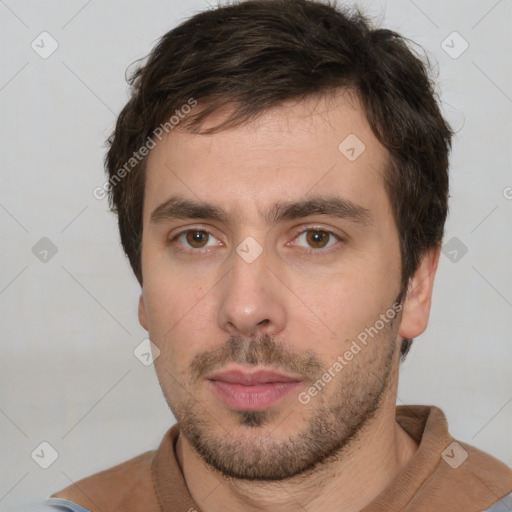 Neutral white young-adult male with short  brown hair and brown eyes