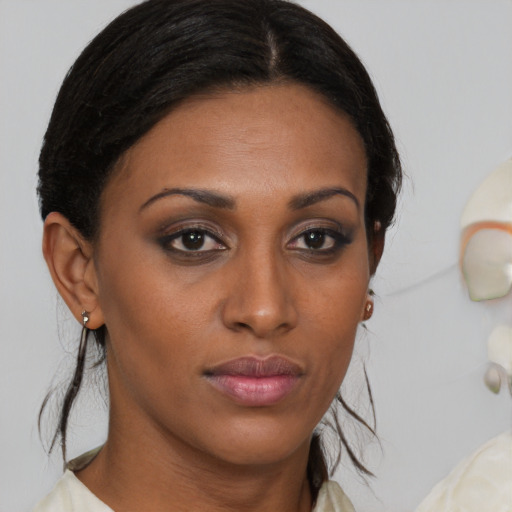 Neutral white young-adult female with medium  brown hair and brown eyes