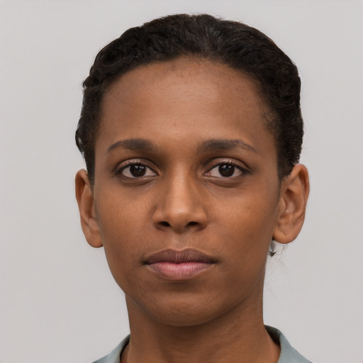 Neutral black young-adult female with short  brown hair and brown eyes