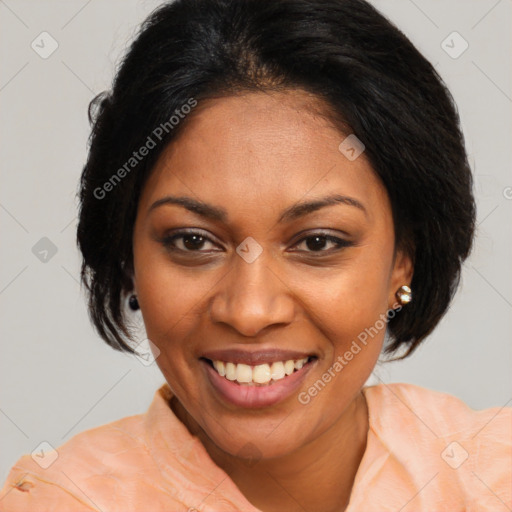 Joyful black young-adult female with medium  brown hair and brown eyes