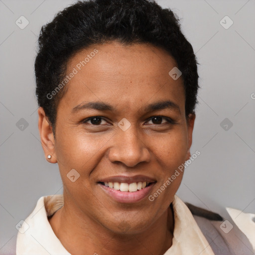 Joyful latino young-adult female with short  brown hair and brown eyes