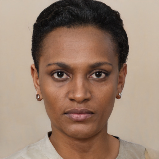 Neutral black young-adult female with short  black hair and brown eyes