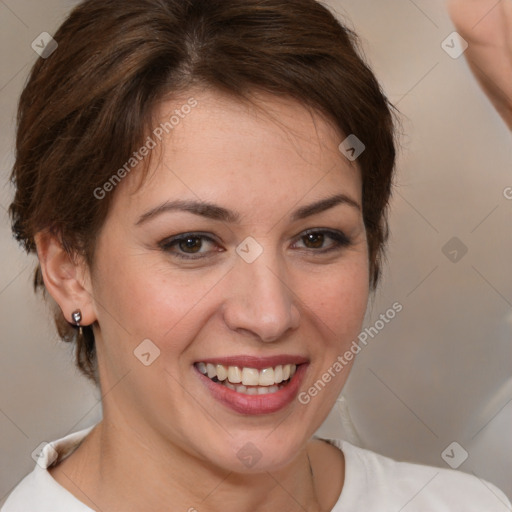 Joyful white young-adult female with medium  brown hair and brown eyes