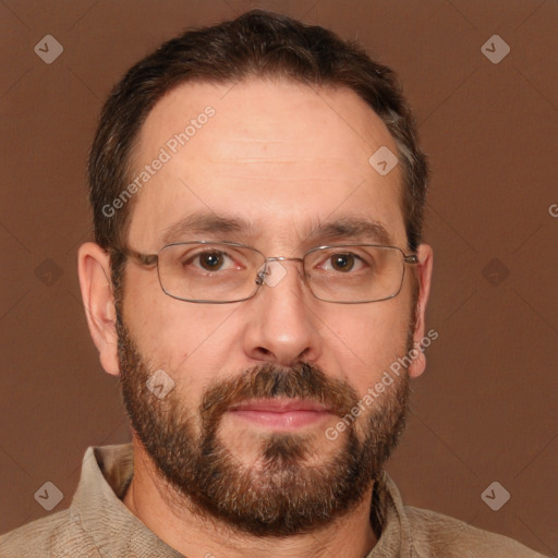 Neutral white adult male with short  brown hair and brown eyes