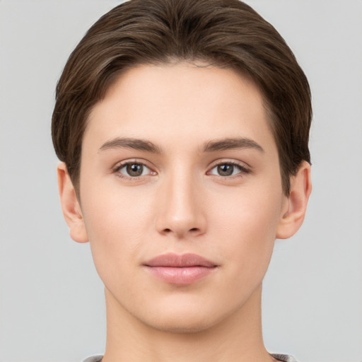 Neutral white young-adult female with short  brown hair and brown eyes