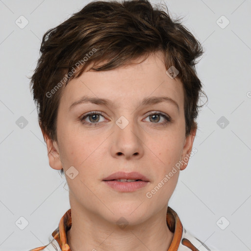 Neutral white young-adult female with short  brown hair and brown eyes