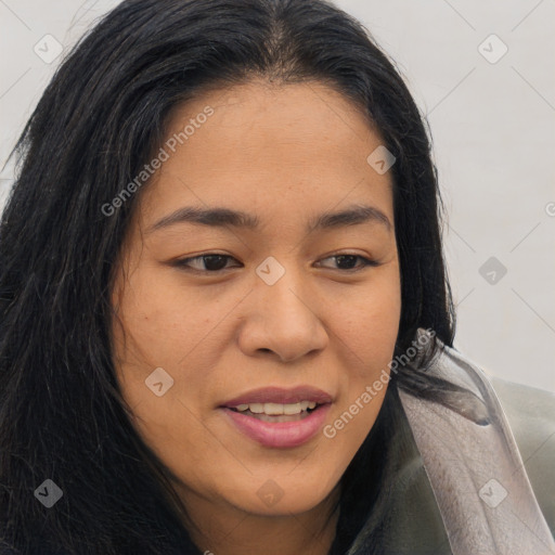 Joyful asian young-adult female with long  brown hair and brown eyes