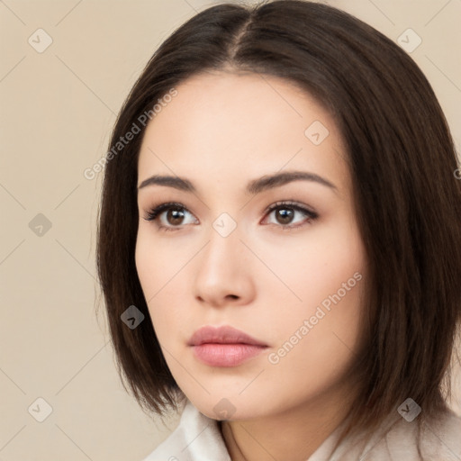 Neutral white young-adult female with long  brown hair and brown eyes