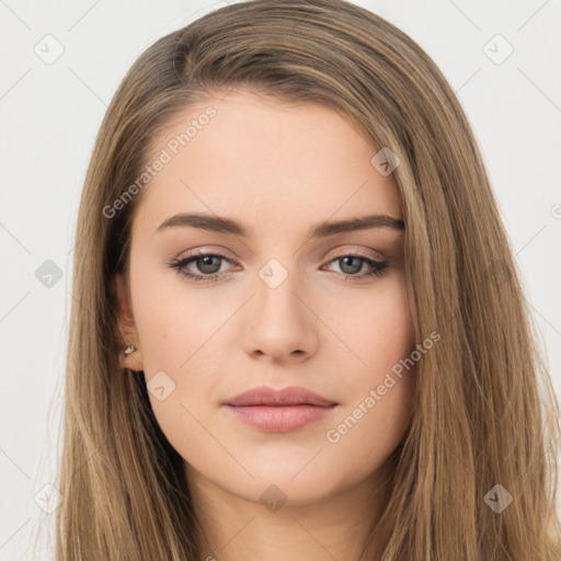 Neutral white young-adult female with long  brown hair and brown eyes