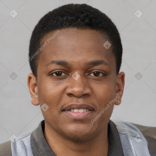 Joyful black young-adult male with short  brown hair and brown eyes