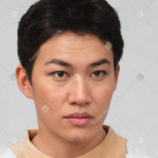 Neutral asian young-adult female with short  brown hair and brown eyes