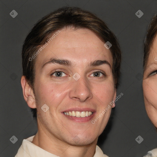 Joyful white adult female with short  brown hair and brown eyes